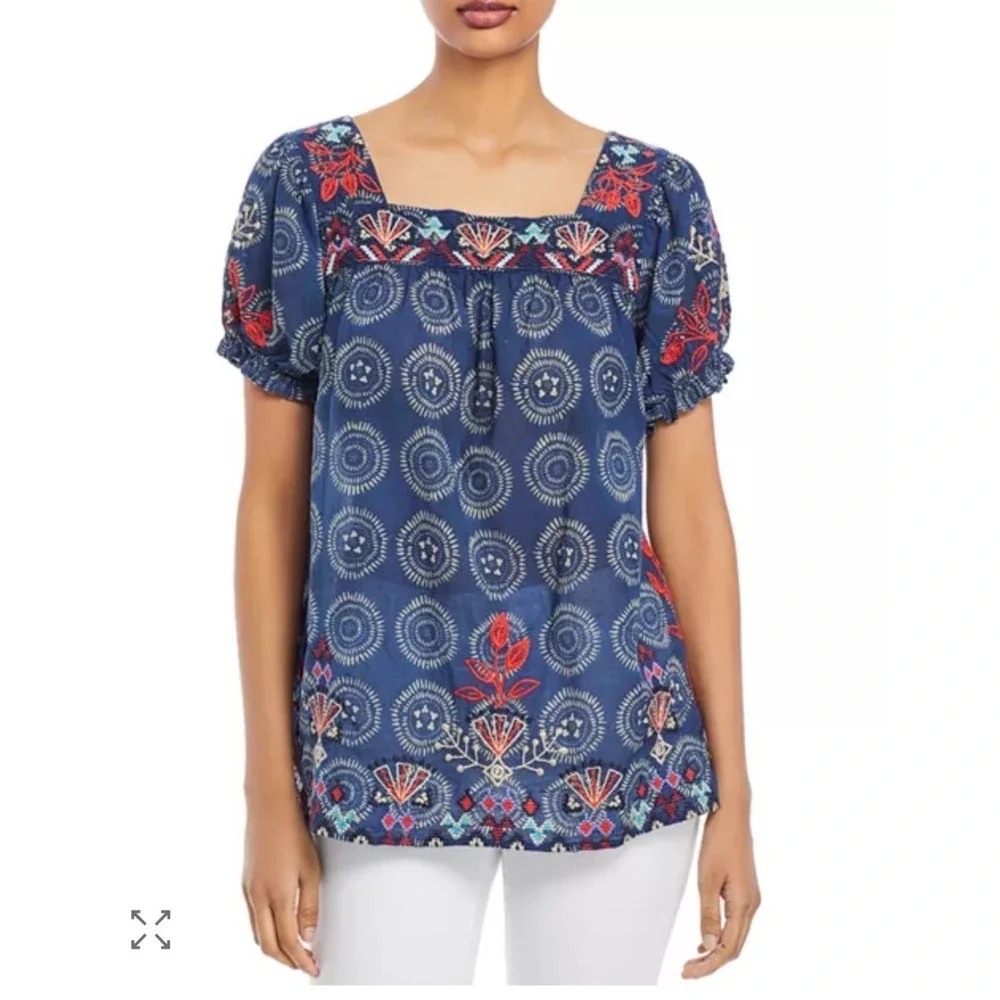 Johnny Was Workshop Maureen Navy Embroidered Square Neck Peasant Top XS‎ Boho